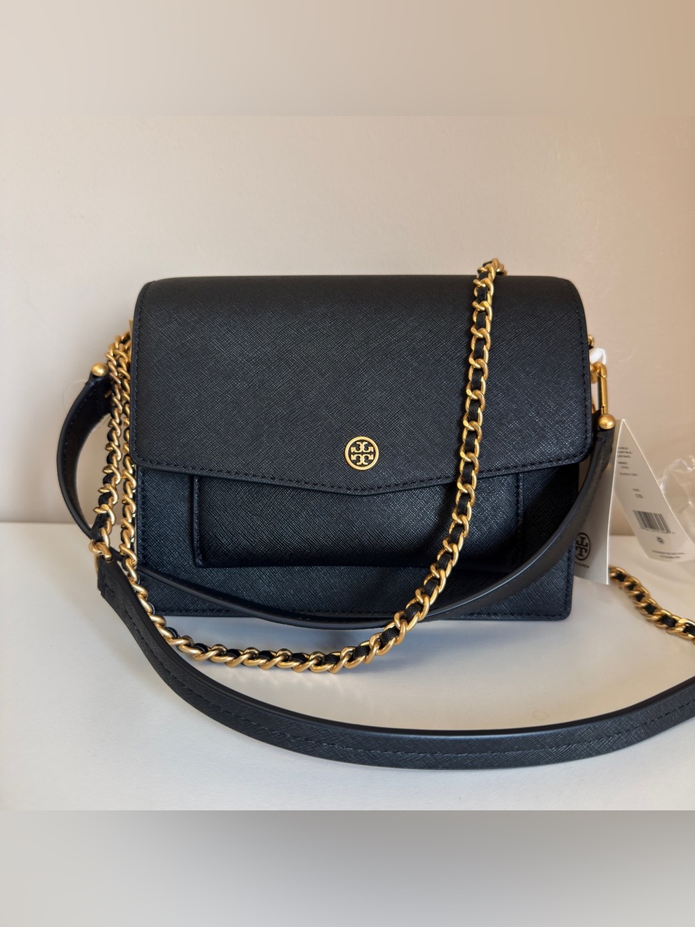 Tory Burch Black Leather Crossbody with Gold Chain